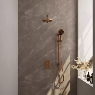 Brauer Copper Carving Built-in set with 3-way thermostat - Overhead shower 20 cm - Straight wall arm - Round hand shower - Sliding bar with connection bend - Brushed copper PVD