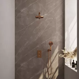 Brauer Copper Carving Built-in set with 3-way thermostat - Overhead shower 20 cm - Straight wall arm - Round hand shower - Wall connection - Brushed copper PVD