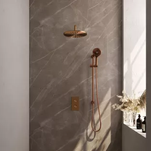 Brauer Copper Carving Built-in set with 3-way thermostat - Overhead shower 30 cm - Curved wall arm - Round hand shower - Sliding bar with connection bend - Brushed copper PVD