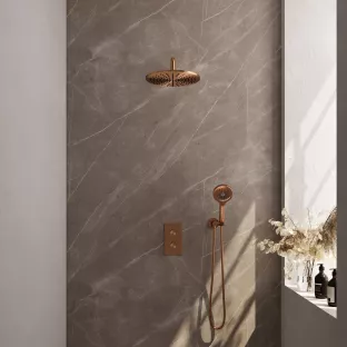 Brauer Copper Carving Built-in set with 3-way thermostat - Overhead shower 30 cm - Curved wall arm - Round hand shower - Wall connection - Brushed copper PVD