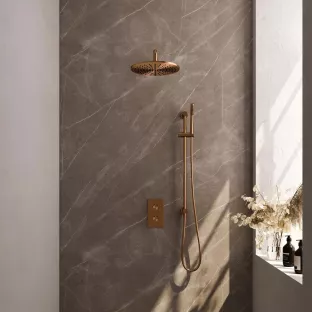 Brauer Copper Carving Built-in set with 3-way thermostat - Overhead shower 30 cm - Curved wall arm - Rod hand shower - Sliding bar with connection bend - Brushed copper PVD