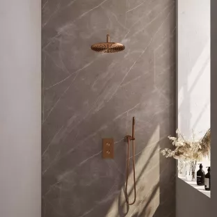 Brauer Copper Carving Built-in set with 3-way thermostat - Overhead shower 30 cm - Curved wall arm - Rod hand shower - Wall connection - Brushed copper PVD