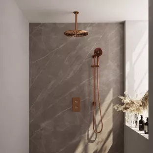 Brauer Copper Carving Built-in set with 3-way thermostat - Overhead shower 30 cm - Ceiling arm - Round hand shower - Sliding rod with connection bend - Brushed copper PVD