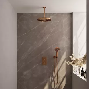 Brauer Copper Carving Built-in set with 3-way thermostat - Overhead shower 30 cm - Ceiling arm - Round hand shower - Wall connection - Brushed copper PVD