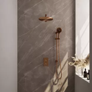 Brauer Copper Carving Built-in set with 3-way thermostat - Overhead shower 30 cm - Straight wall arm - Round hand shower - Sliding bar with connection bend - Brushed copper PVD