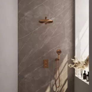 Brauer Copper Carving Built-in Set with 3-Way Thermostat - Overhead Shower 30 cm - Straight Wall Arm - Round Hand Shower - Wall Connection - Brushed Copper PVD