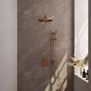 Brauer Copper Carving Built-in set with 3-way thermostat - Overhead shower 30 cm - Straight wall arm - Rod hand shower - Sliding bar with connection bend - Brushed copper PVD