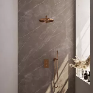 Brauer Copper Carving Built-in set with 3-way thermostat - Overhead shower 30 cm - Straight wall arm - Rod hand shower - Wall connection - Brushed copper PVD