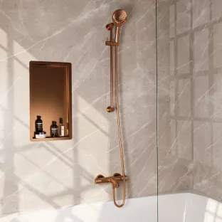 Brauer Copper Carving Surface-mounted Bath shower thermostat tap - sliding bar - round hand shower 3 settings - shower hose - brushed copper PVD