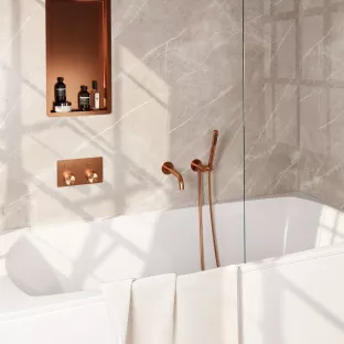 Brauer Copper Carving built-in bath thermostat with push buttons - spout - rod hand shower - shower hose - wall connection bend - Brushed copper PVD