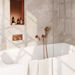 Brauer Copper Carving built-in bath thermostat with push buttons - spout - round hand shower - shower hose - wall connection bend - Brushed copper PVD