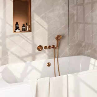 Brauer Copper Carving built-in bath thermostat with bath filling combination - round hand shower - shower hose - wall connection bend - Brushed copper PVD