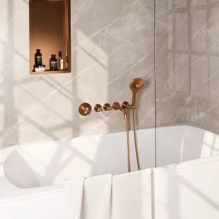 Brauer Copper Carving built-in bath thermostat with spout - round hand shower - shower hose - wall connection bend - Brushed copper PVD