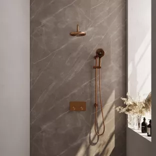 Brauer Copper Carving Thermostatic Built-in Shower Set Push buttons - Overhead shower 20 cm - Curved wall arm - Round hand shower - Sliding bar with connection bend - Brushed copper PVD