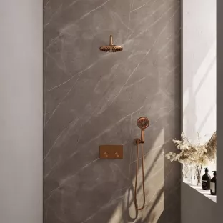 Brauer Copper Carving Thermostatic Built-in Shower Set Push buttons - Overhead shower 20 cm - Curved wall arm - Round hand shower - Wall connection - Brushed copper PVD