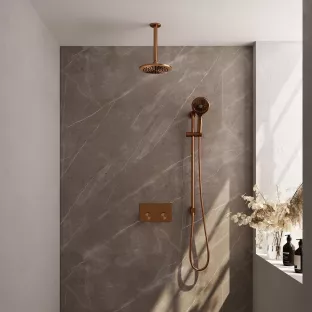 Brauer Copper Carving Thermostatic Built-in Shower Set Push buttons - Overhead shower 20 cm - Ceiling arm - Round hand shower - Sliding bar with connection bend - Brushed copper PVD