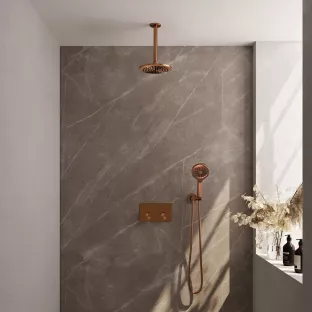 Brauer Copper Carving Thermostatic Built-in Shower Set Push buttons - Overhead shower 20 cm - Ceiling arm - Round hand shower - Wall connection - Brushed copper PVD