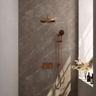 Brauer Copper Carving Thermostatic Built-in Shower Set Push buttons - Overhead shower 30 cm - Curved wall arm - Round hand shower - Sliding bar with connection bend - Brushed copper PVD