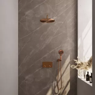 Brauer Copper Carving Thermostatic Built-in Shower Set Push buttons - Overhead shower 30 cm - Curved wall arm - Round hand shower - Wall connection - Brushed copper PVD