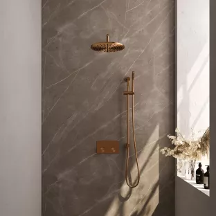 Brauer Copper Carving Thermostatic Built-in Shower Set Push buttons - Overhead shower 30 cm - Curved wall arm - Rod hand shower - Sliding bar with connection bend - Brushed copper PVD