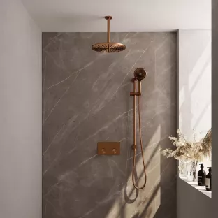 Brauer Copper Carving Thermostatic Built-in Shower Set Push buttons - Overhead shower 30 cm - Ceiling arm - Round hand shower - Sliding bar with connection bend - Brushed copper PVD