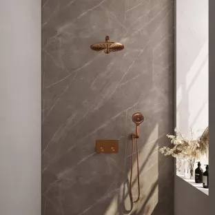 Brauer Copper Carving Thermostatic Built-in Shower Set Push buttons - Overhead shower 30 cm - Straight wall arm - Round hand shower - Wall connection - Brushed copper PVD