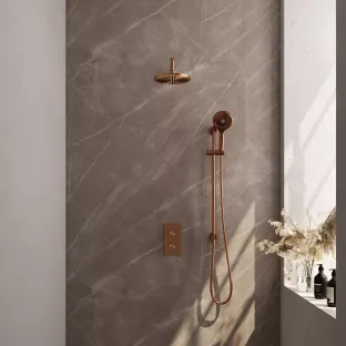 Brauer Copper Carving Thermostatic Built-in Shower Set - Overhead shower 20 cm - Curved wall arm - Round hand shower - Sliding bar with connection bend - Brushed copper PVD