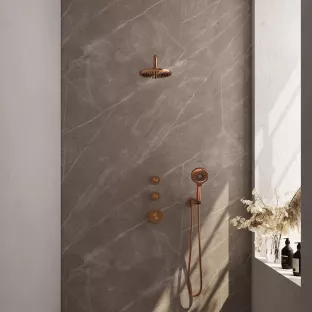 Brauer Copper Carving Thermostatic Built-in Shower Set - Overhead shower 20 cm - Curved wall arm - Round hand shower - Wall connection - Brushed copper PVD