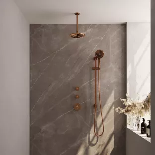 Brauer Copper Carving Thermostatic Built-in Shower Set - Overhead shower 20 cm - Ceiling arm - Round hand shower - Sliding bar with connection bend - Brushed copper PVD