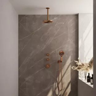 Brauer Copper Carving Thermostatic Built-in Shower Set - Overhead shower 20 cm - Ceiling arm - Round hand shower - Wall connection - Brushed copper PVD