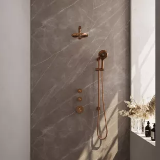 Brauer Copper Carving Thermostatic Built-in Shower Set - Overhead shower 20 cm - Straight wall arm - Round hand shower - Sliding bar with connection bend - Brushed copper PVD