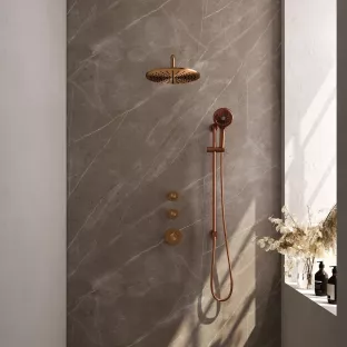 Brauer Copper Carving Thermostatic Built-in Shower Set - Overhead shower 30 cm - Curved wall arm - Round hand shower - Sliding bar with connection bend - Brushed copper PVD