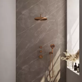 Brauer Copper Carving Thermostatic Built-in Shower Set - Overhead shower 30 cm - Curved wall arm - Round hand shower - Wall connection - Brushed copper PVD