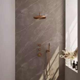 Brauer Copper Carving Thermostatic Built-in Shower Set - Overhead shower 30 cm - Curved wall arm - Rod hand shower - Wall connection - Brushed copper PVD