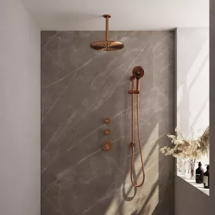 Brauer Copper Carving Thermostatic Built-in Shower Set - Overhead shower 30 cm - Ceiling arm - Round hand shower - Sliding bar with connection bend - Brushed copper PVD