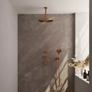 Brauer Copper Carving Thermostatic Built-in Shower Set - Overhead shower 30 cm - Ceiling arm - Round hand shower - Wall connection - Brushed copper PVD