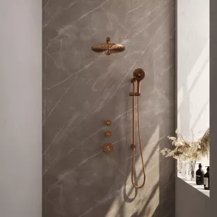 Brauer Copper Carving Thermostatic Built-in Shower Set - Overhead shower 30 cm - Straight wall arm - Round hand shower - Sliding bar with connection bend - Brushed copper PVD