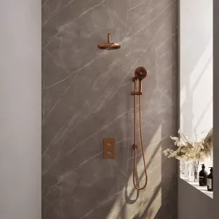 Brauer Copper Edition built-in set with 3-way thermostat - overhead shower 20 cm - curved wall arm - round hand shower - sliding bar with connection bend - brushed copper PVD