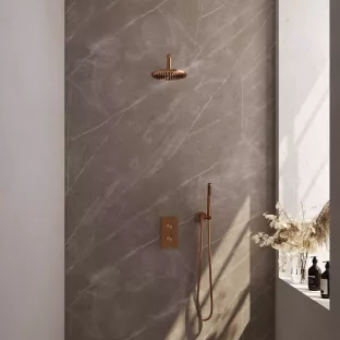 Brauer Copper Edition built-in set with 3-way thermostat - overhead shower 20 cm - curved wall arm - rod hand shower - wall connection - brushed copper PVD