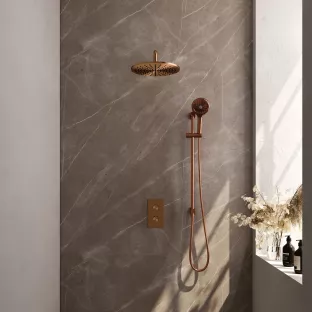 Brauer Copper Edition built-in set with 3-way thermostat - main shower 30 cm - curved wall arm - round hand shower - sliding bar with connection bend - brushed copper PVD