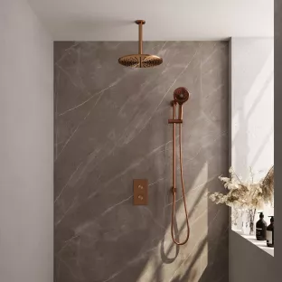 Brauer Copper Edition built-in set with 3-way thermostat - overhead shower 30 cm - ceiling arm - round hand shower - sliding bar with connection bend - brushed copper pvd