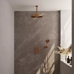 Brauer Copper Edition built-in set with 3-way thermostat - main shower 30 cm - ceiling arm - round hand shower - wall connection - brushed copper PVD