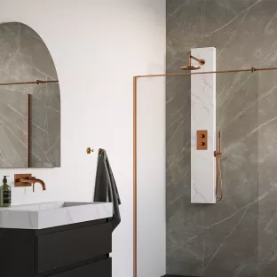 Brauer Copper Edition thermostatic shower panel 2-way diverter - calacatta gold - 20 cm shower head - curved wall arm - rod hand shower - wall connection bend - shower hose - brushed copper PVD