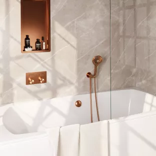 Brauer Copper Edition built-in bath thermostat with push buttons - bath filling combination - round hand shower - shower hose - wall connection bend - Brushed copper PVD