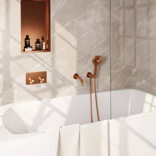 Brauer Copper Edition built-in bath thermostat with push buttons - spout - round hand shower - shower hose - wall connection bend - Brushed copper PVD