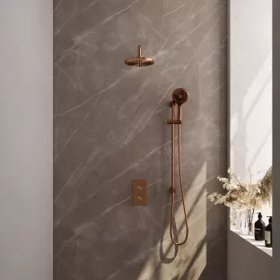 Brauer Copper Edition thermostatic built-in shower set - overhead shower 20 cm - curved wall arm - round hand shower - sliding bar with connection bend - brushed copper pvd