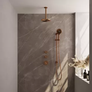 Brauer Copper Edition thermostatic built-in shower set - overhead shower 20 cm - ceiling arm - round hand shower - sliding bar with connection bend - brushed copper pvd