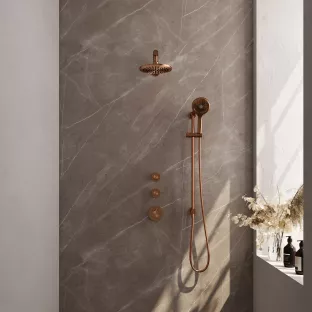 Brauer Copper Edition thermostatic built-in shower set - overhead shower 20 cm - straight wall arm - round hand shower - sliding bar with connection bend - brushed copper pvd