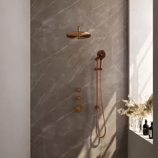 Brauer Copper Edition thermostatic built-in shower set - overhead shower 30 cm - curved wall arm - round hand shower - sliding bar with connection bend - brushed copper pvd