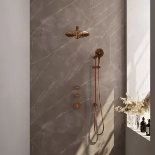 Brauer Copper Edition thermostatic built-in shower set - overhead shower 30 cm - straight wall arm - round hand shower - sliding bar with connection bend - brushed copper pvd